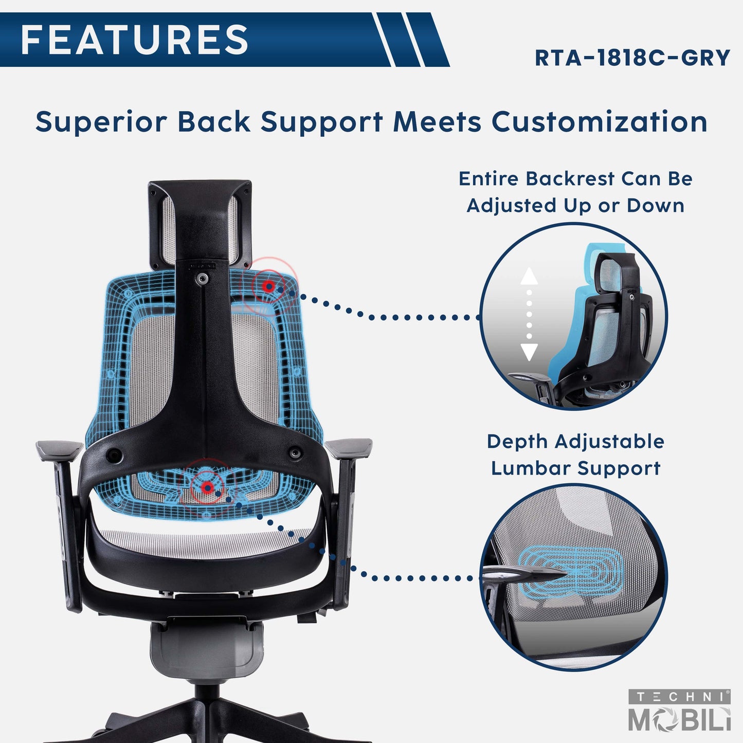 back features of an ergonomic office chair for back pain